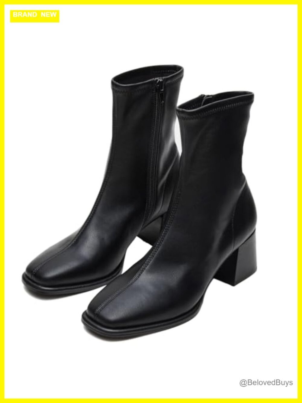 Square Toe Ankle Booties Chunky Block Heel Side Zip Faux Leather